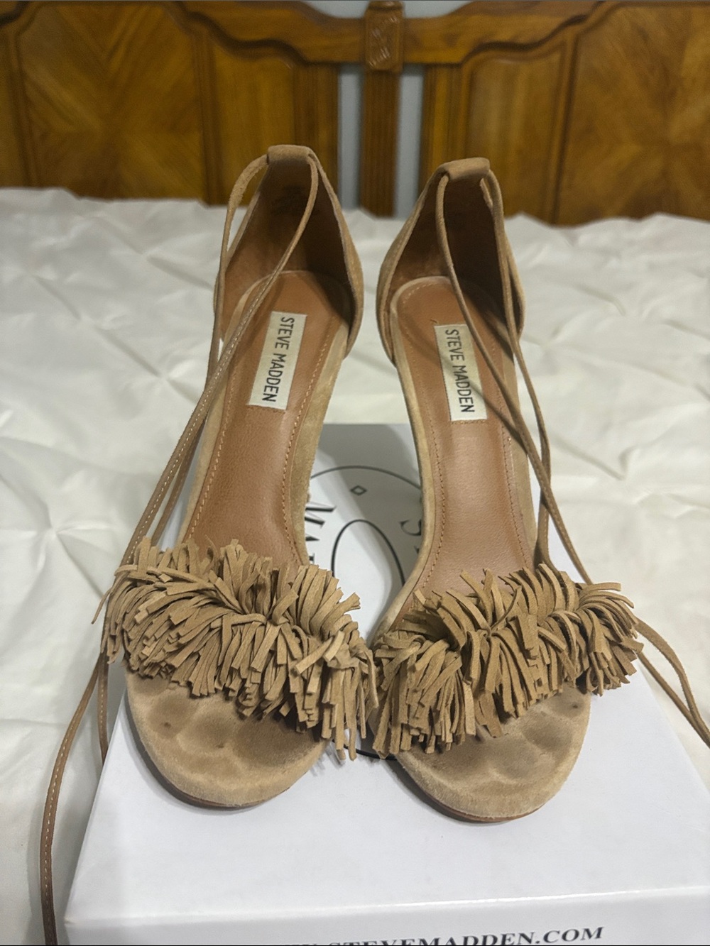 Steve Madden Tan Suede Fringe Lace-Up Heels
